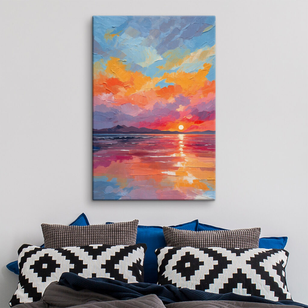 A sunset over water with mountains in the background