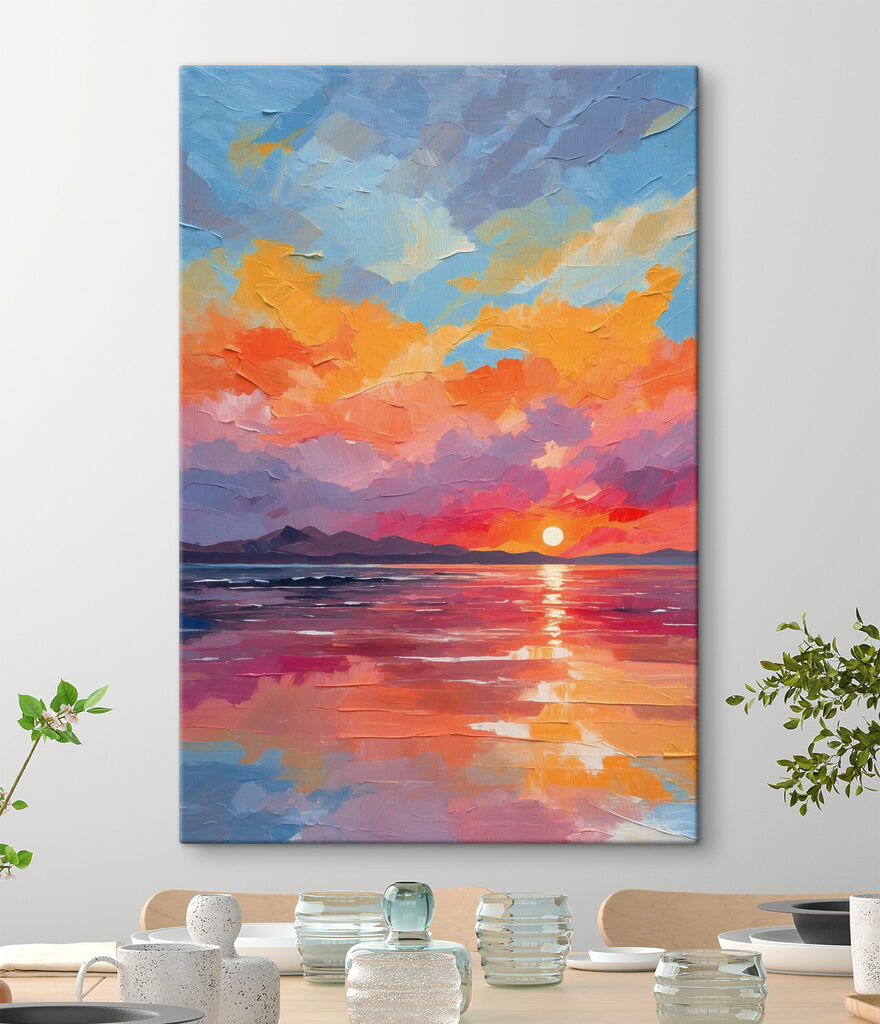 A sunset over water with mountains in the background