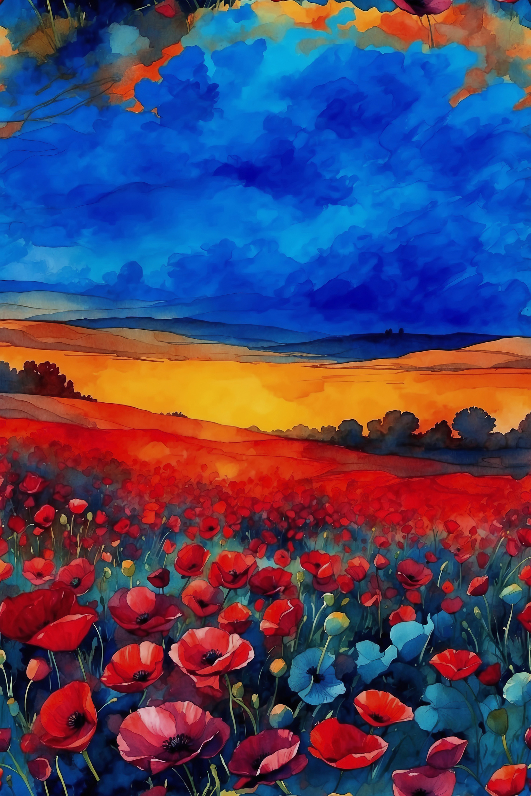 A painting of a field of flowers