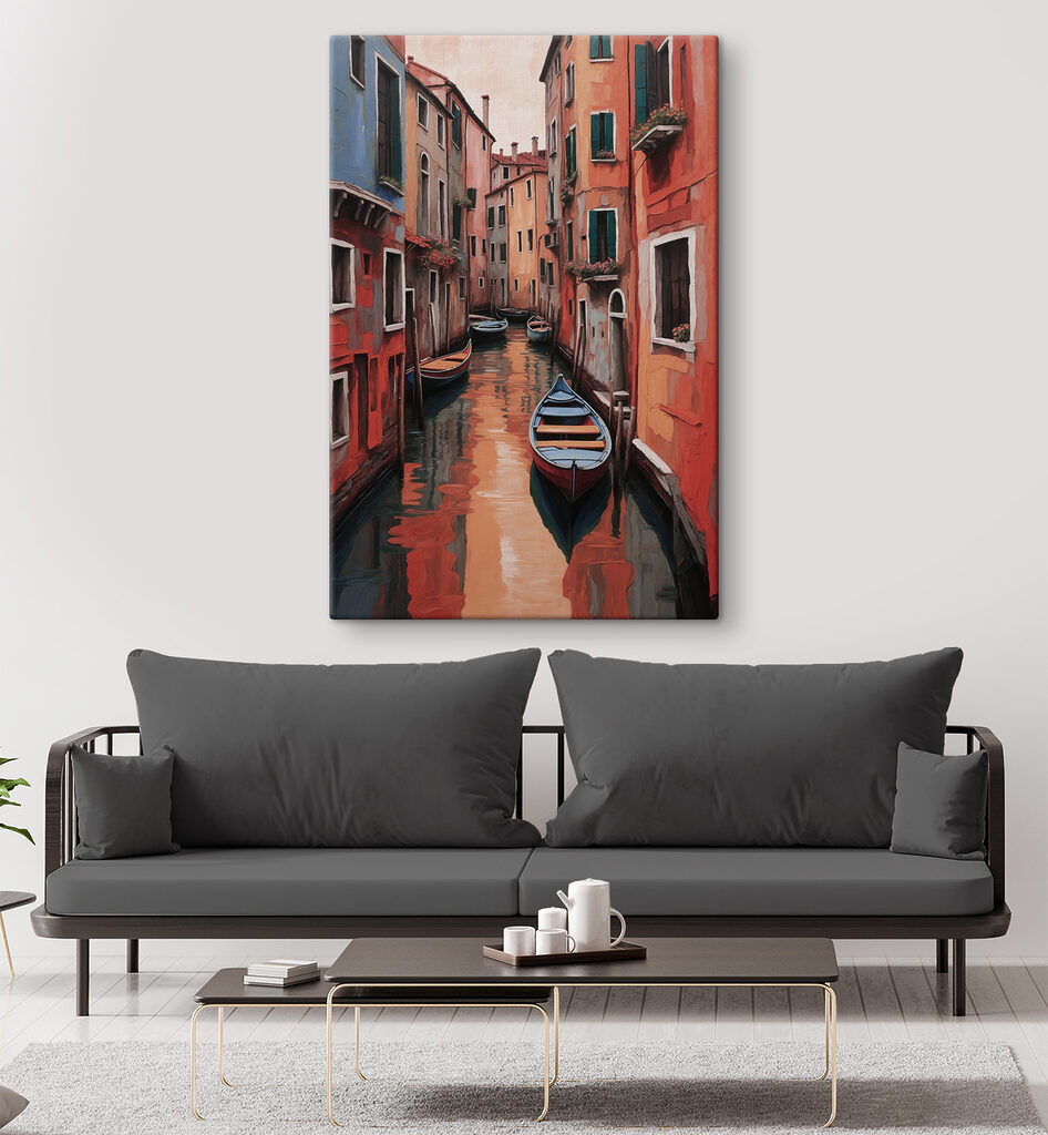 A rowboat in a canal between buildings A rowboat in a canal between buildings