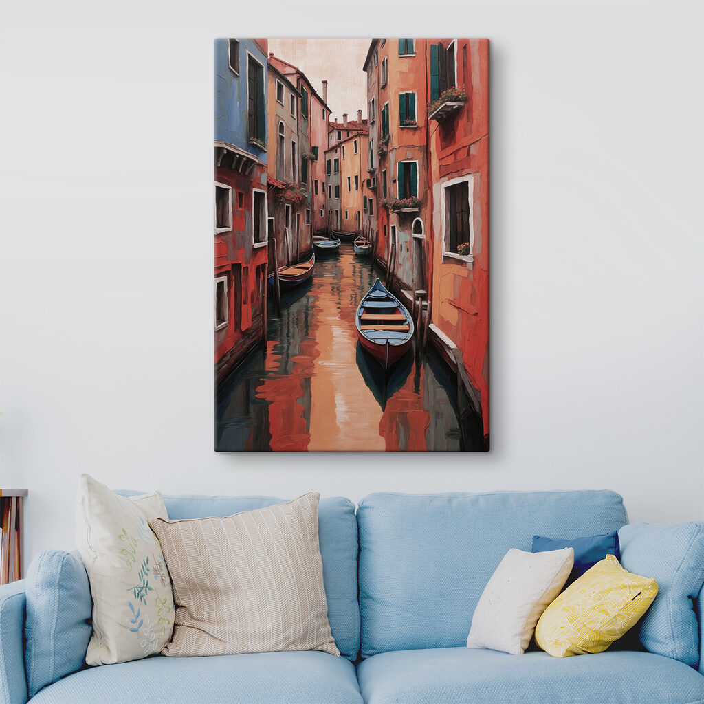A rowboat in a canal between buildings A rowboat in a canal between buildings