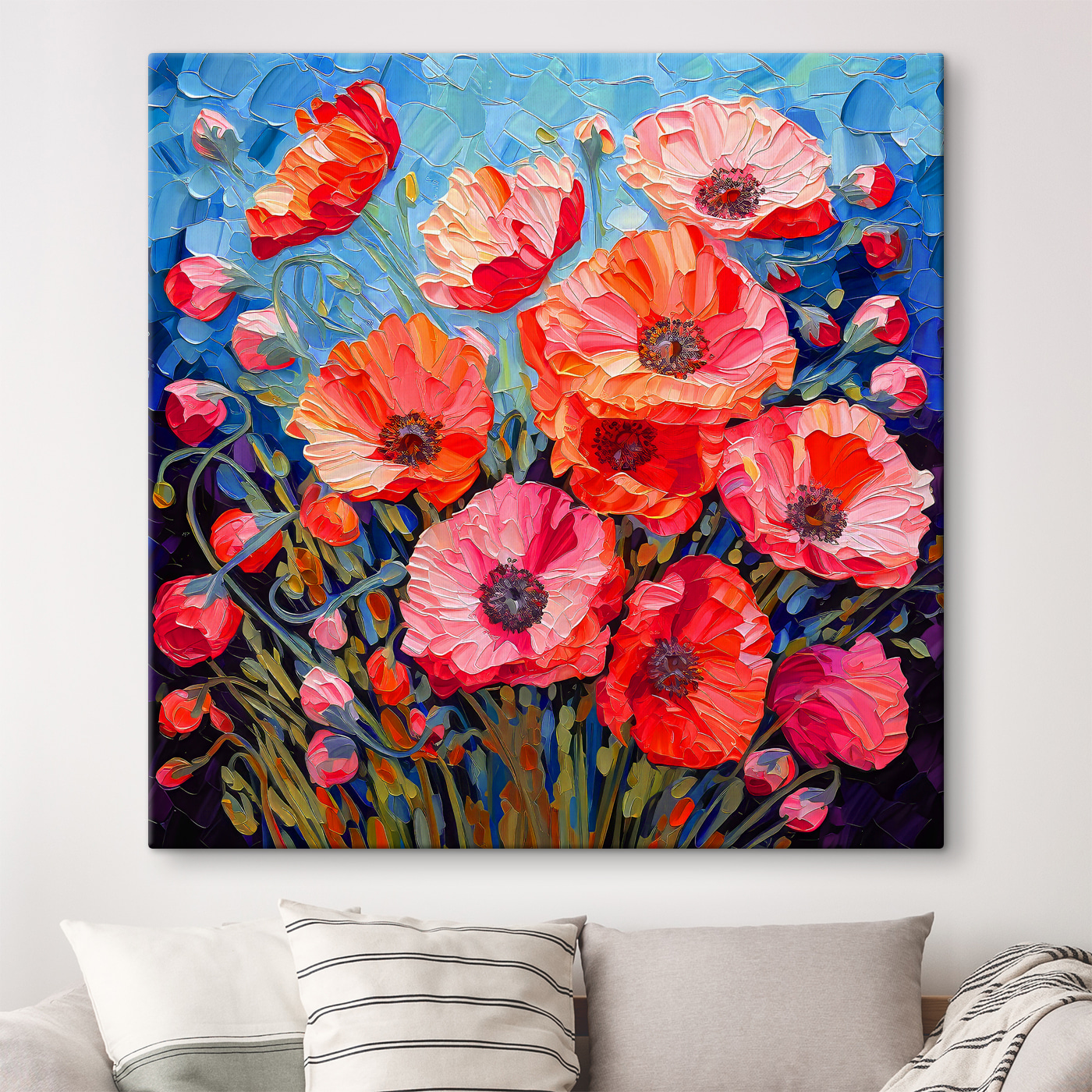 A painting of flowers on a blue background