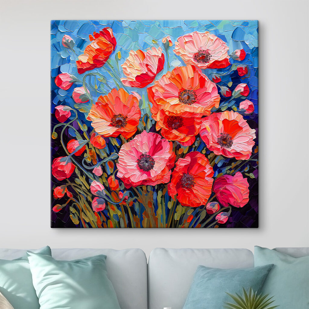 A painting of flowers on a blue background