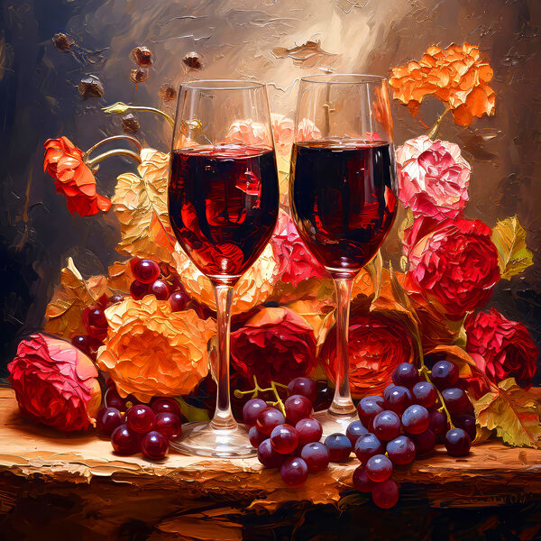 A painting of wine glasses and flowers
