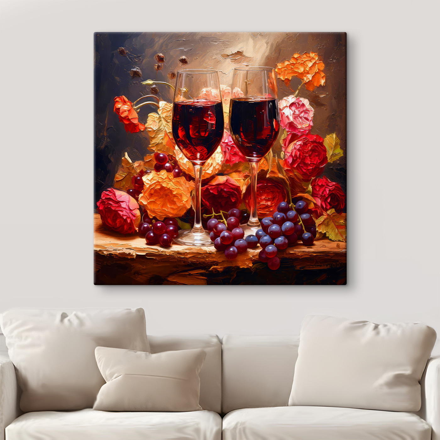 A painting of wine glasses and flowers