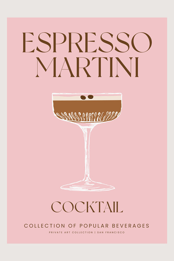 A pink and white sign with a glass of brown liquid