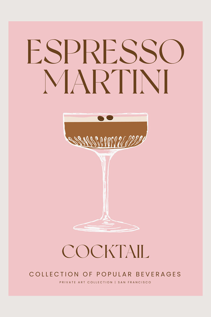 A pink and white sign with a glass of brown liquid