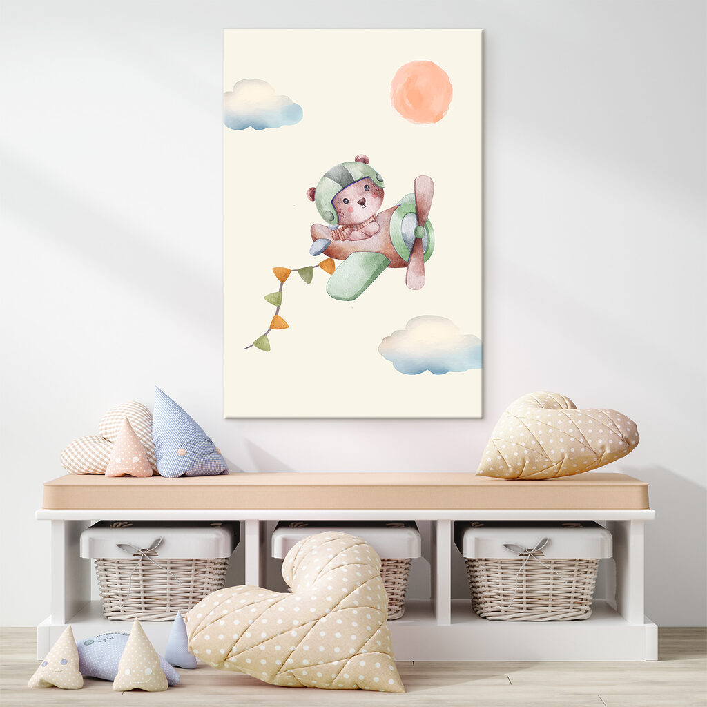 A watercolor painting of a teddy bear in a plane
