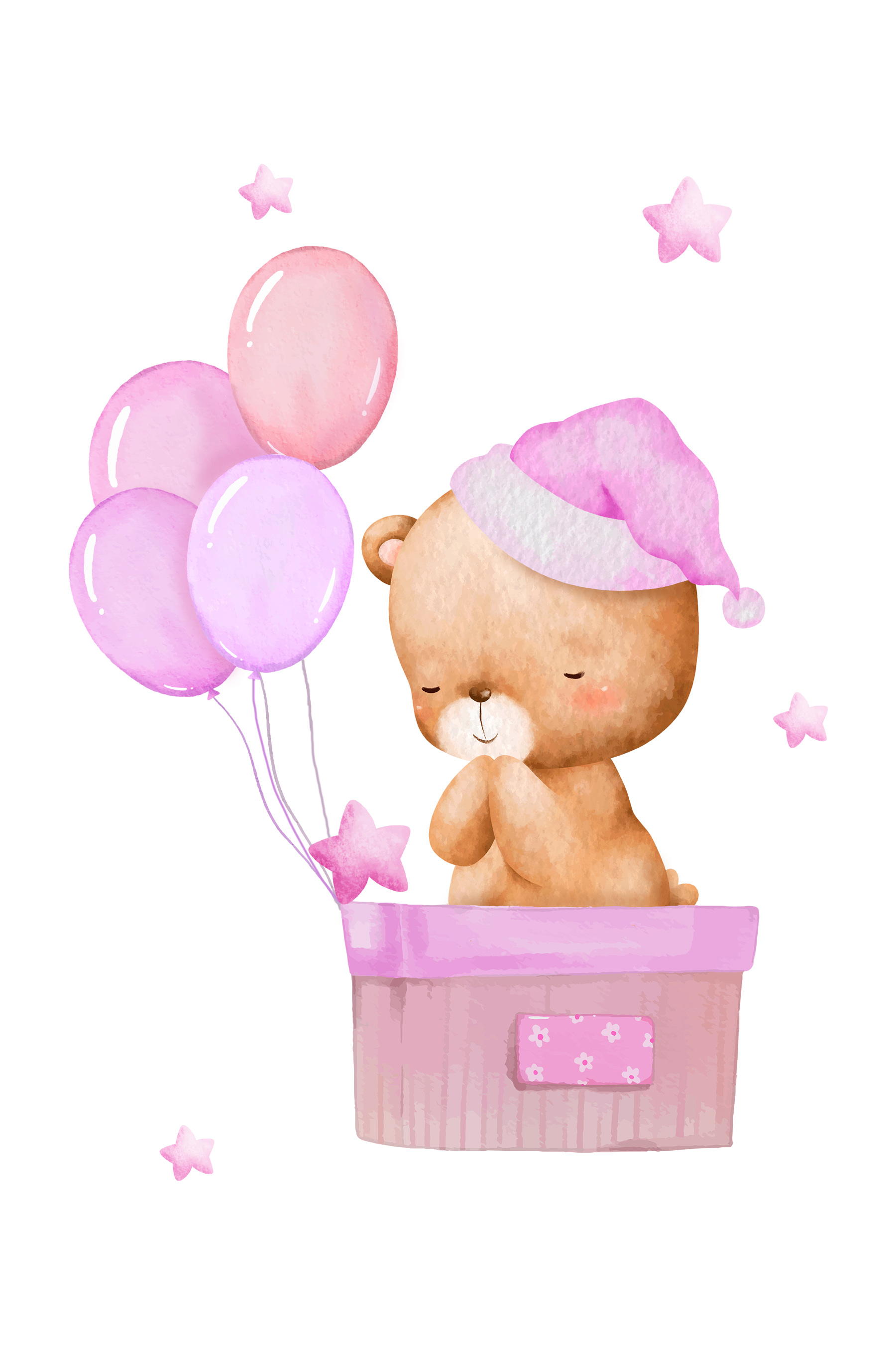 A teddy bear in a basket with balloons