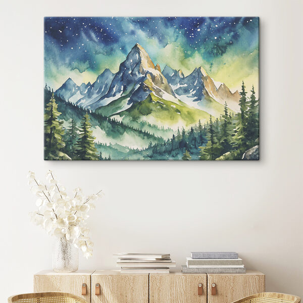 Watercolor painting of mountains and trees and stars