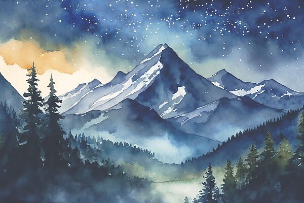 Watercolor of a mountain range and trees in the foreground