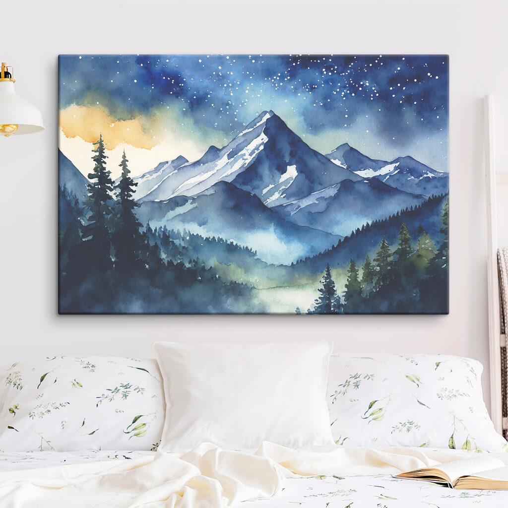 Watercolor of a mountain range and trees in the foreground