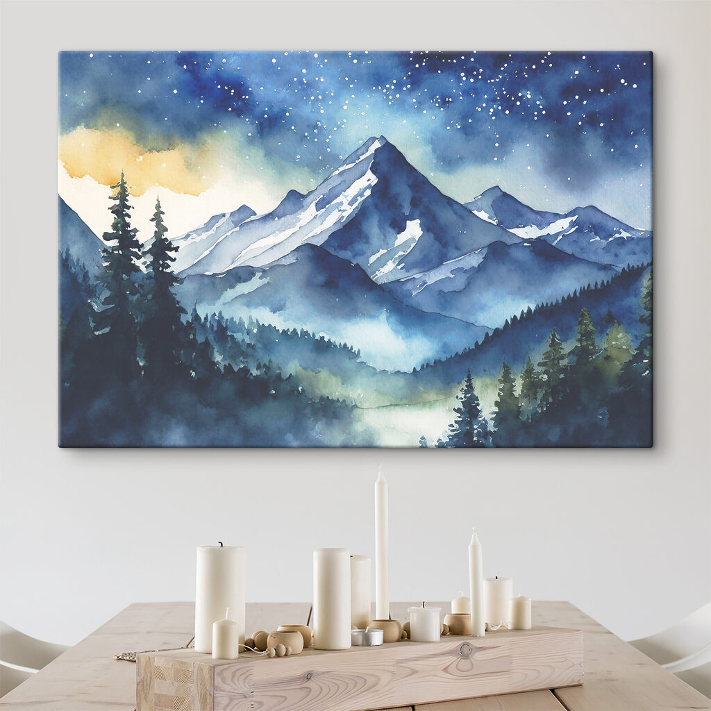 Watercolor of a mountain range and trees in the foreground