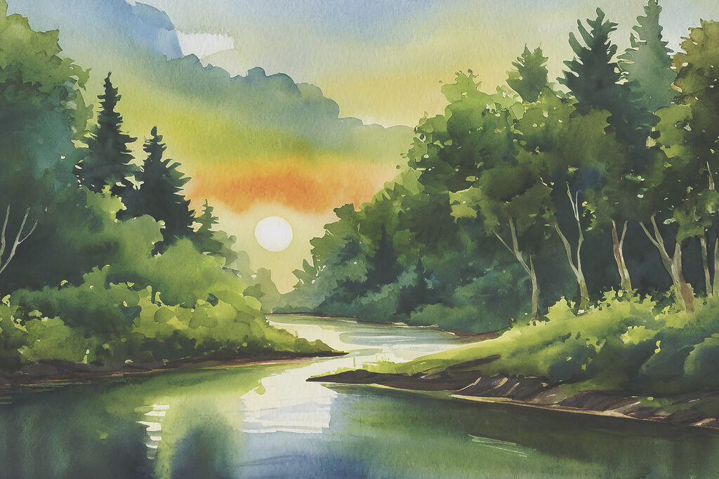 Watercolor painting of a river with trees and a sunset