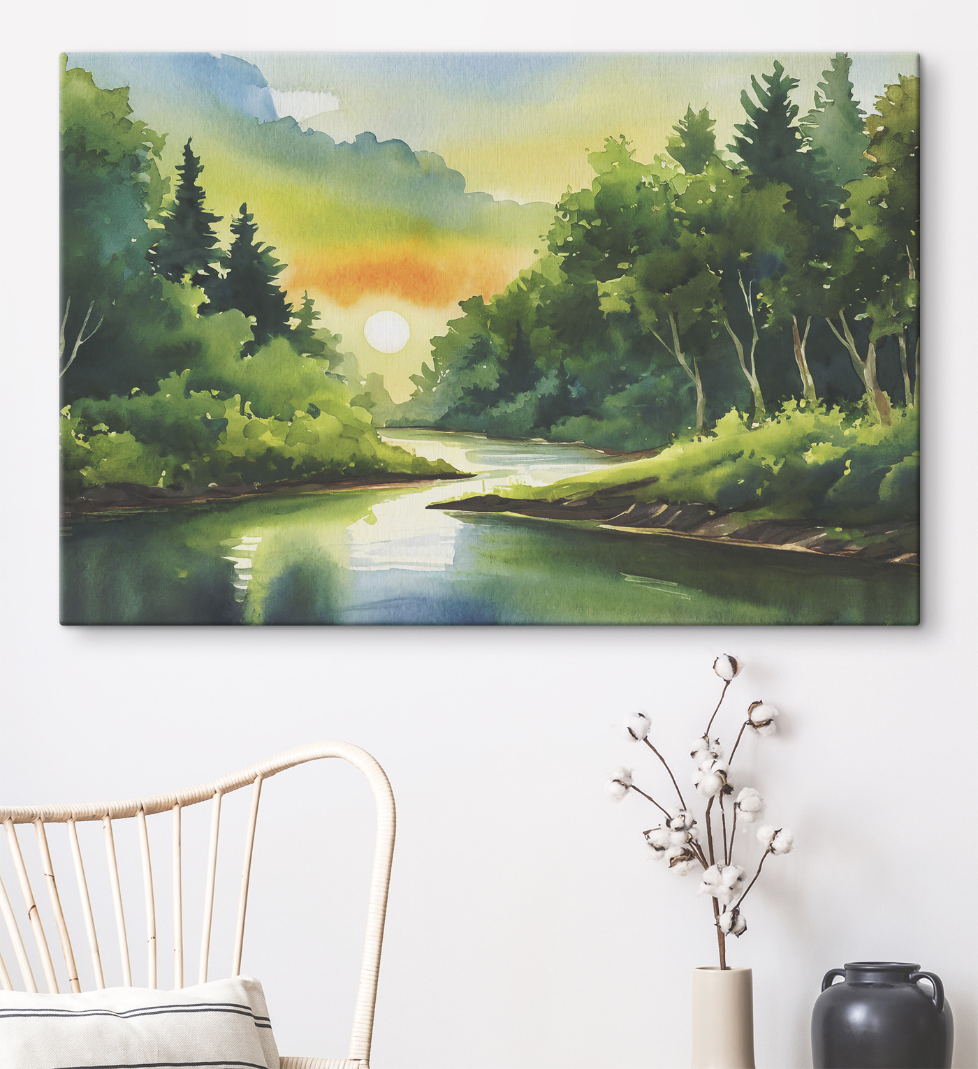 Watercolor painting of a river with trees and a sunset