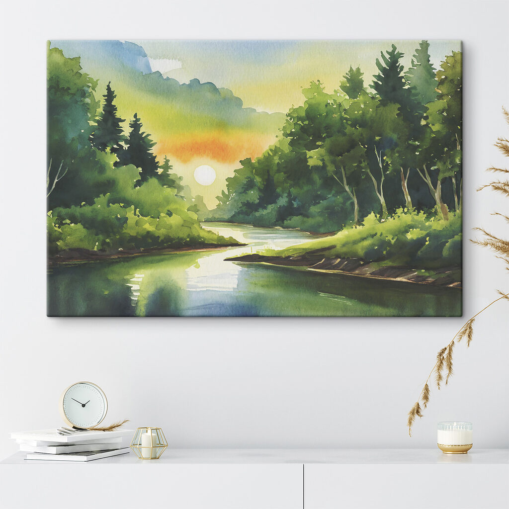 Watercolor painting of a river with trees and a sunset