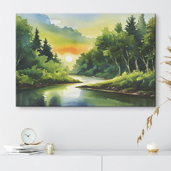 Watercolor painting of a river with trees and a sunset