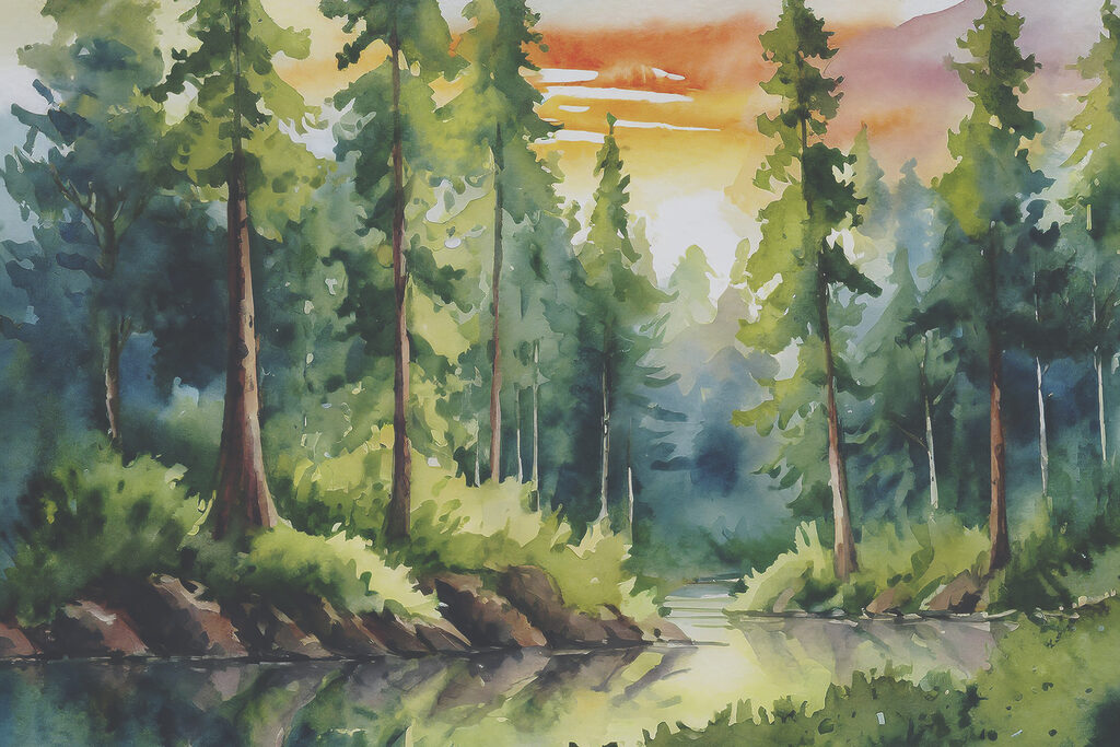 Watercolor painting of a river with trees and grass