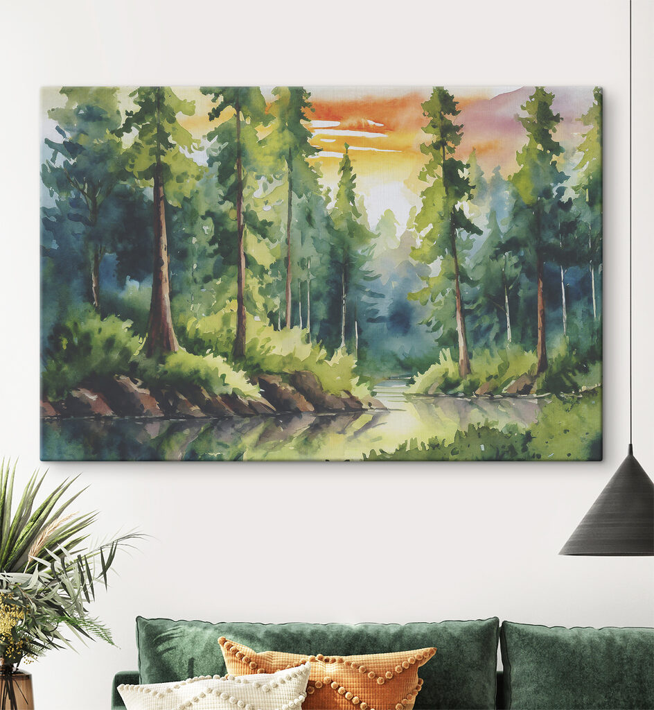 Watercolor painting of a river with trees and grass
