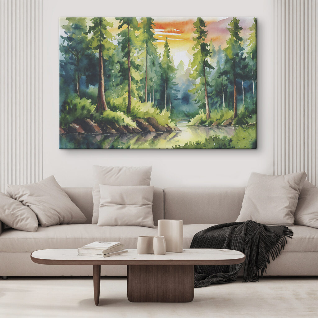 Watercolor painting of a river with trees and grass