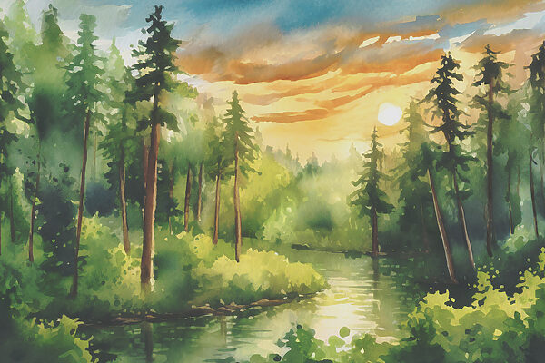 Watercolor painting of a river with trees and bushes and a sunset
