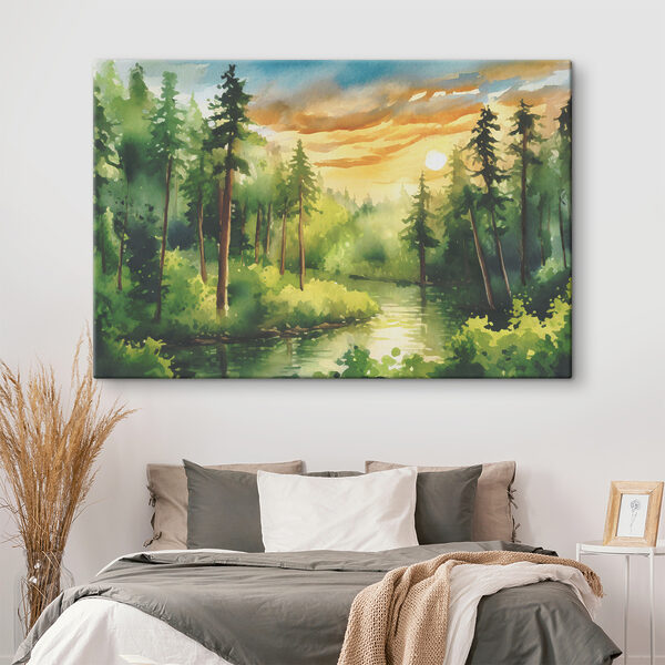 Cuadros Acuarela de un río con árboles y arbustos y una puesta de sol (SKU: s37950) Cuadros Cuadros Acuarela de un río con árboles y arbustos y una puesta de sol (SKU: s37950)