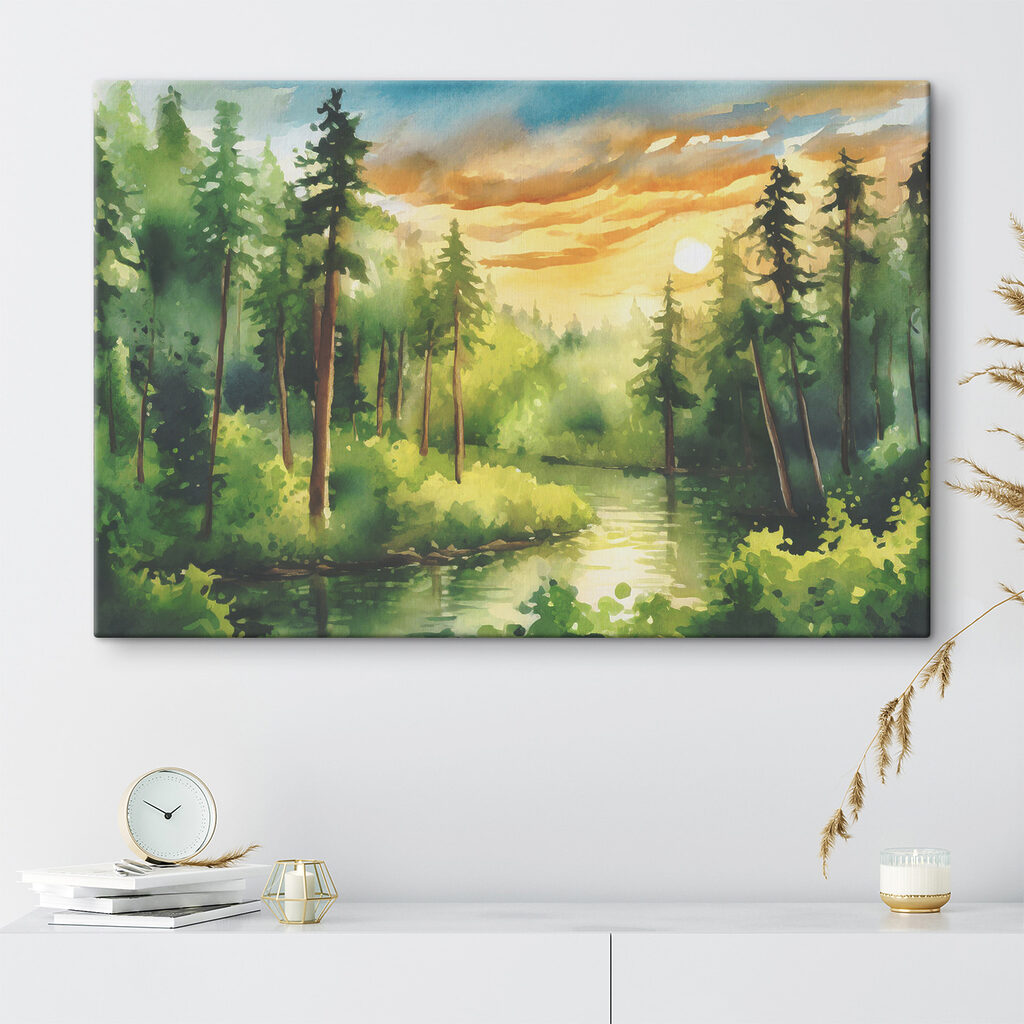 Watercolor painting of a river with trees and bushes and a sunset