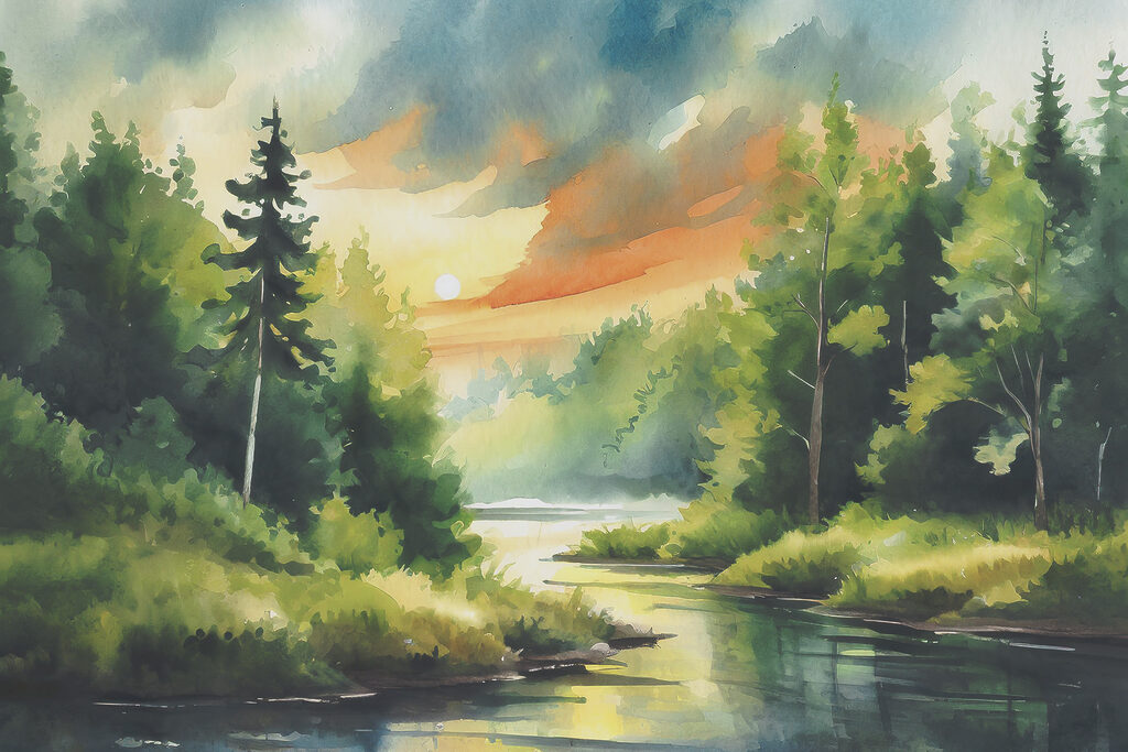 Watercolor painting of a river with trees and grass and a sunset