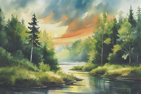 Watercolor painting of a river with trees and grass and a sunset