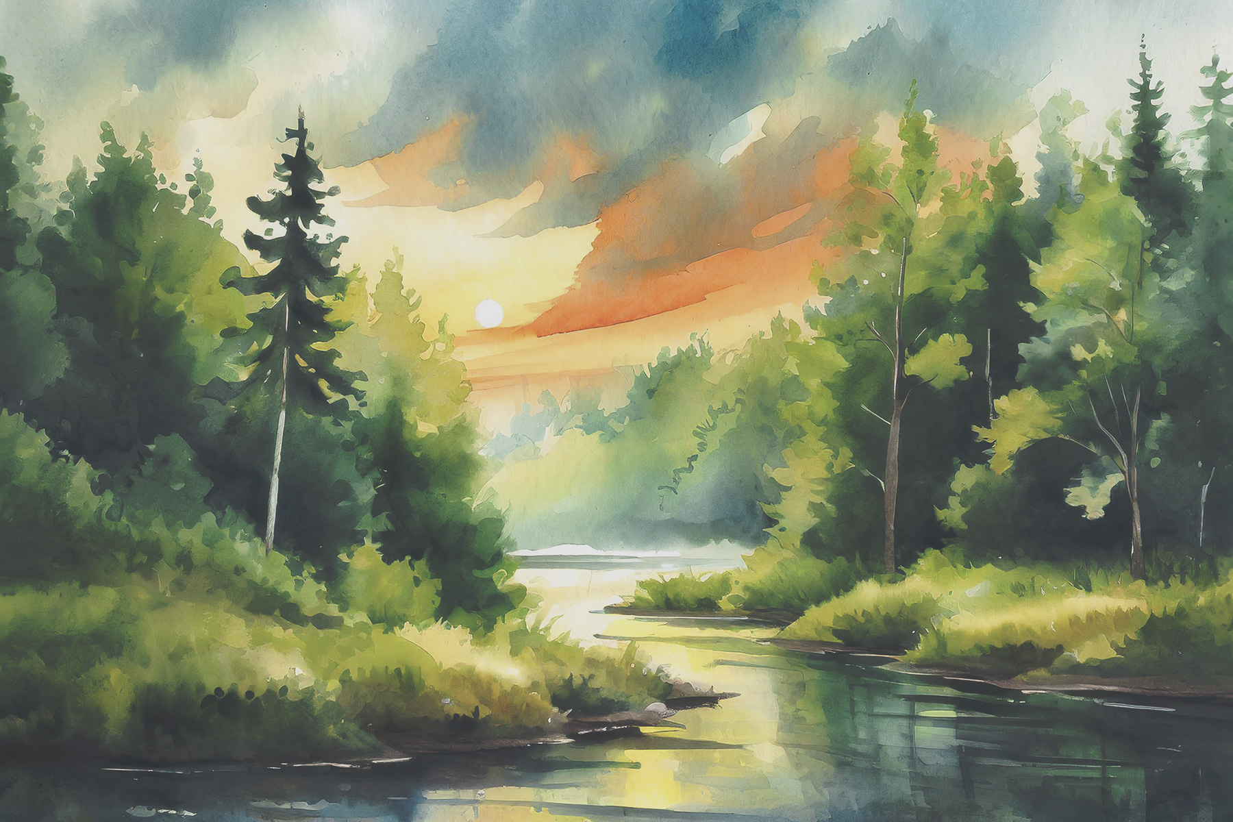 Watercolor painting of a river with trees and grass and a sunset