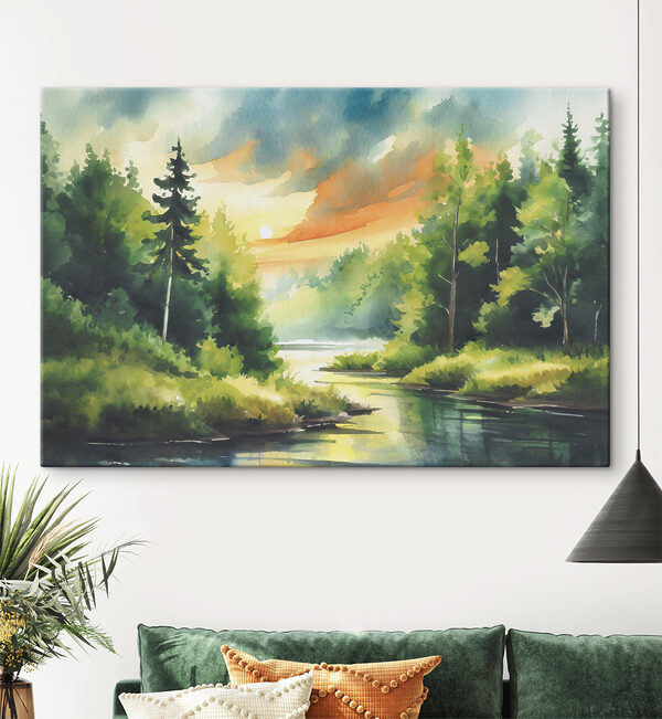 Cuadros Acuarela de un río con árboles, hierba y una puesta de sol (SKU: s37953) Cuadros Cuadros Acuarela de un río con árboles, hierba y una puesta de sol (SKU: s37953)