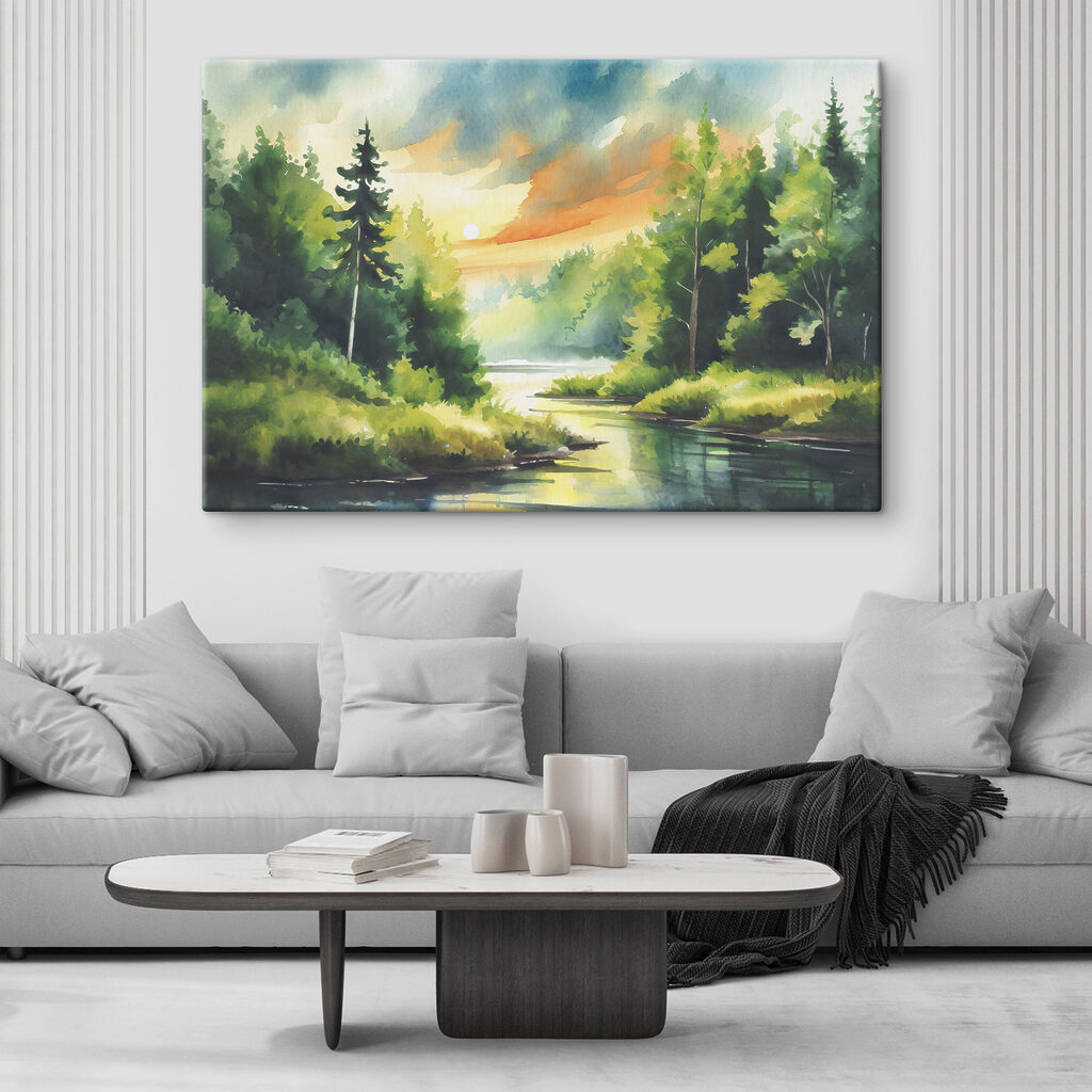 Watercolor painting of a river with trees and grass and a sunset