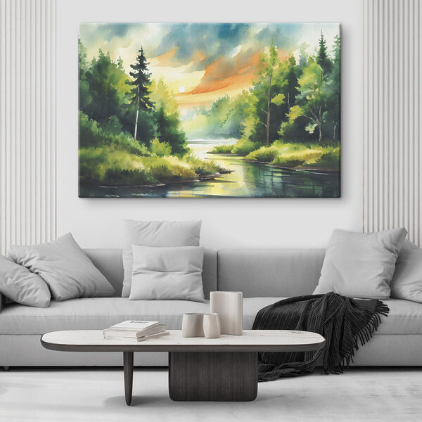 Watercolor painting of a river with trees and grass and a sunset