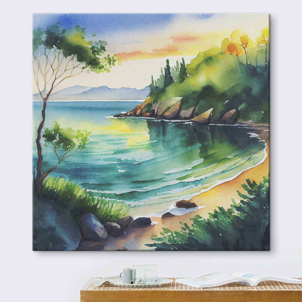 Watercolor painting of a beach and trees