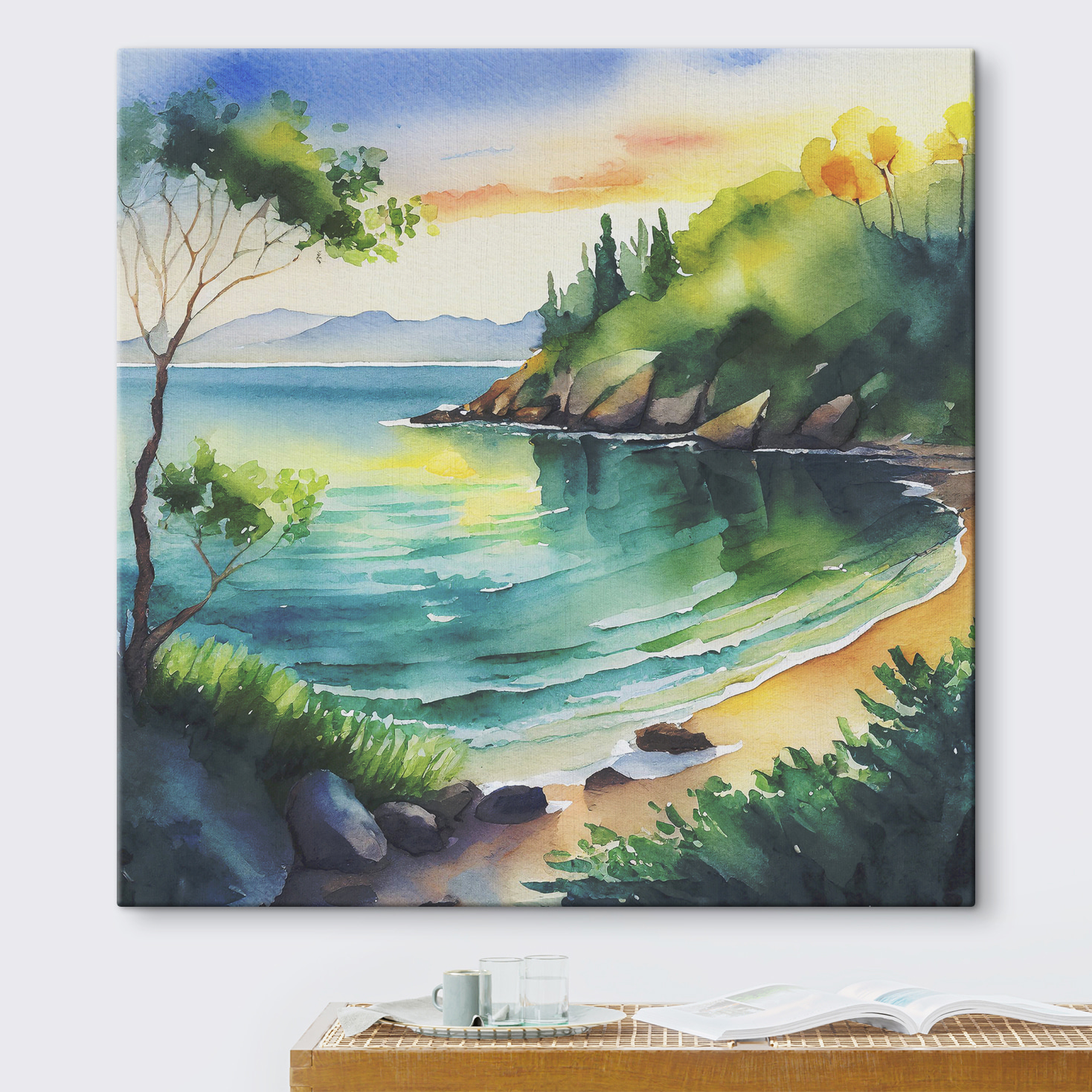 Watercolor painting of a beach and trees