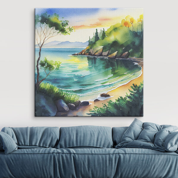 Watercolor painting of a beach and trees