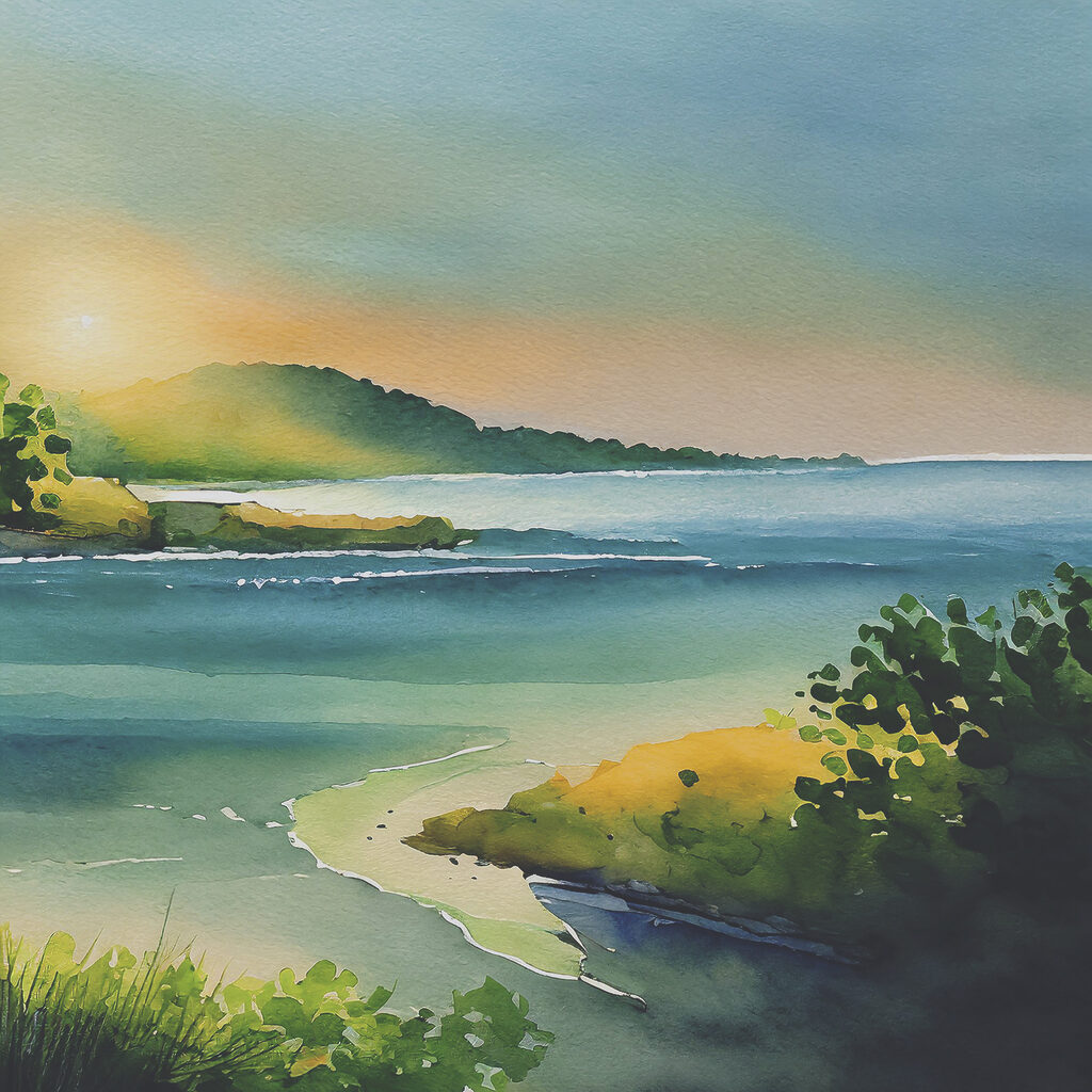 Watercolor painting of a river and trees and hills