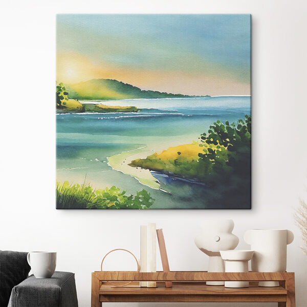 Watercolor painting of a river and trees and hills