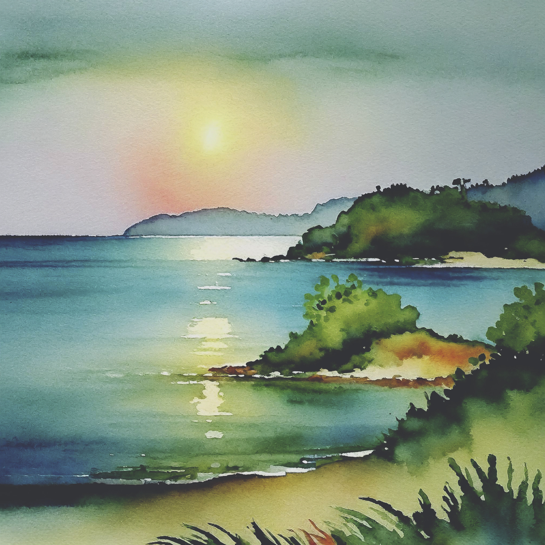 Watercolor painting of a beach and a body of water with trees and hills