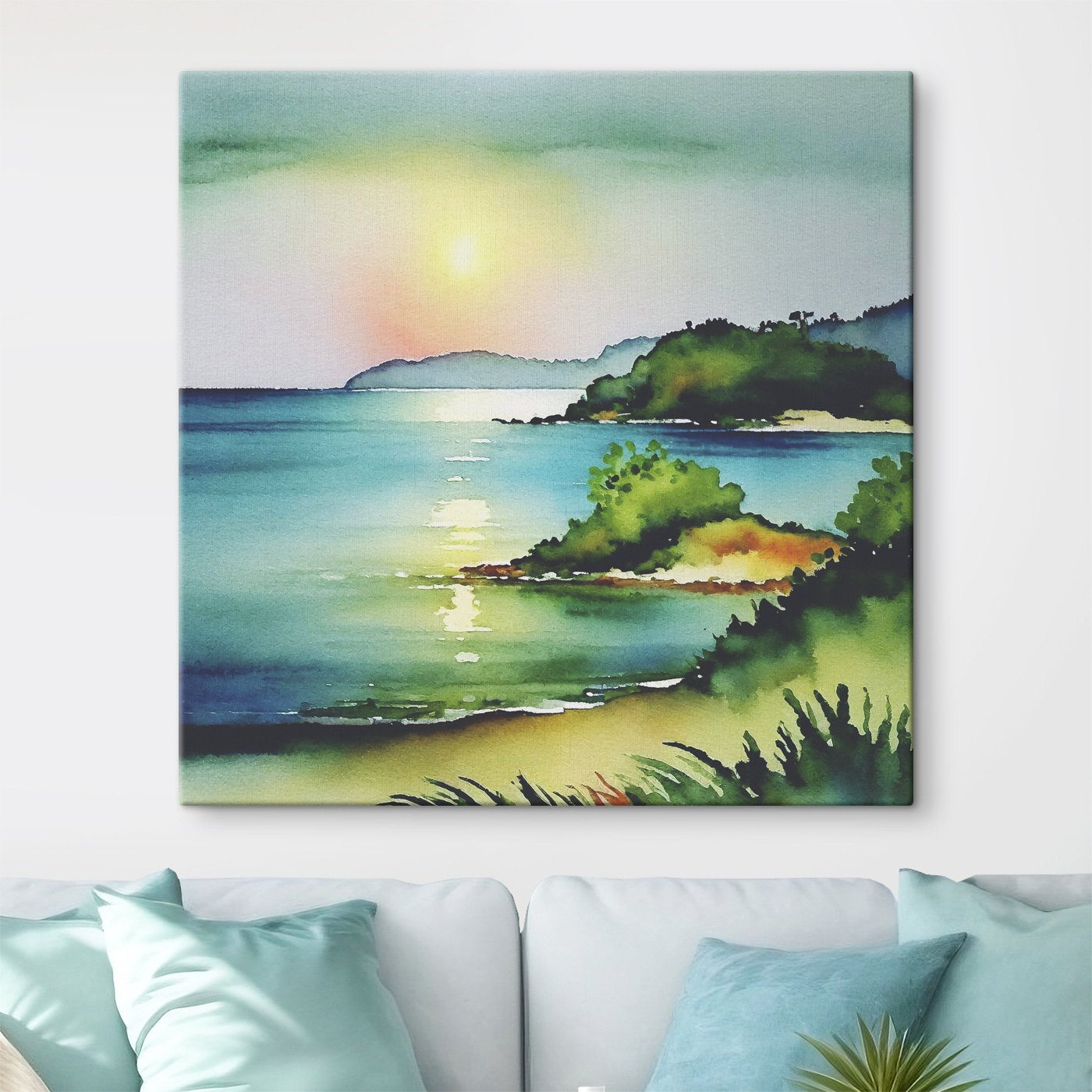 Watercolor painting of a beach and a body of water with trees and hills