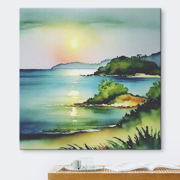 Watercolor painting of a beach and a body of water with trees and hills