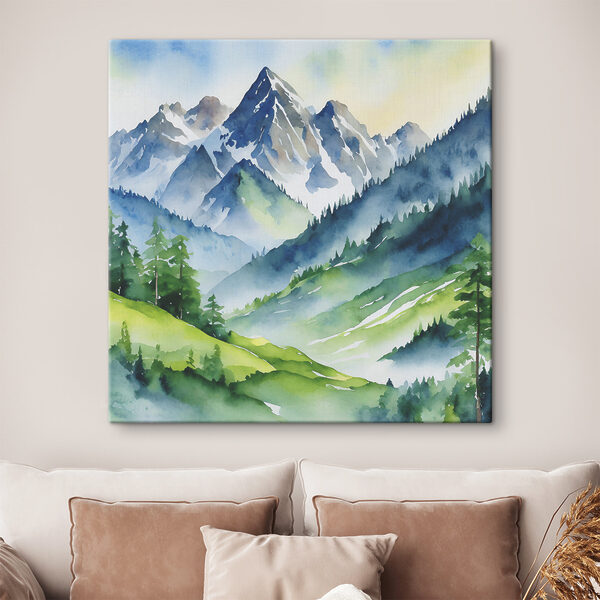 Watercolor painting of mountains and trees