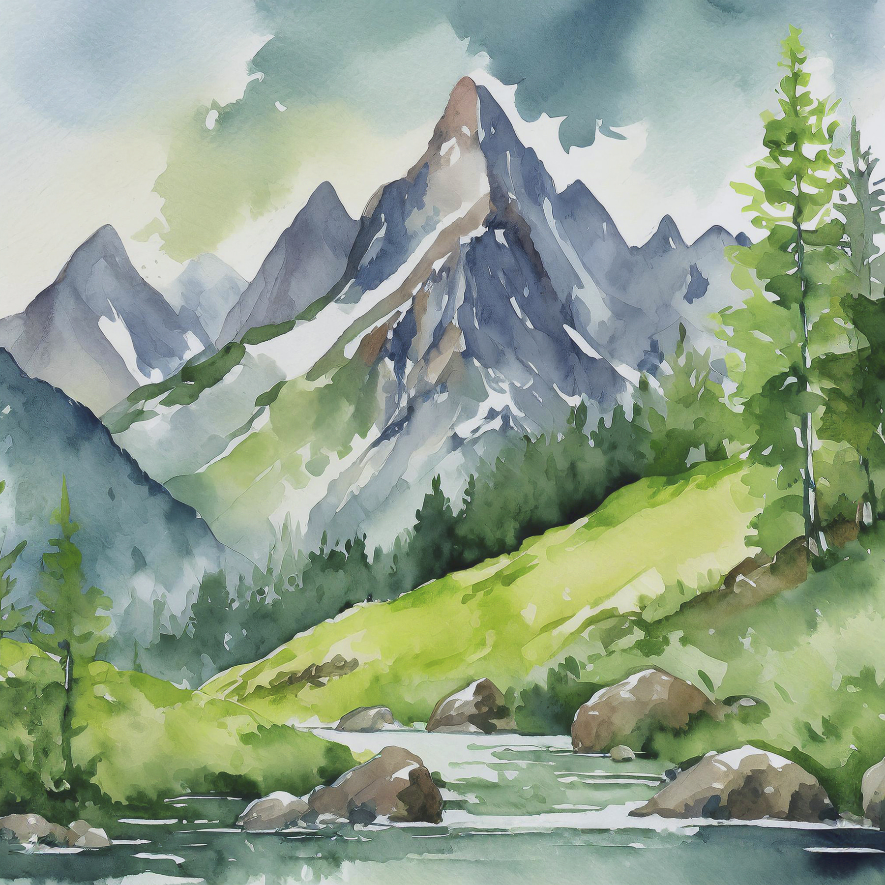 Watercolor of a river running through a mountain valley