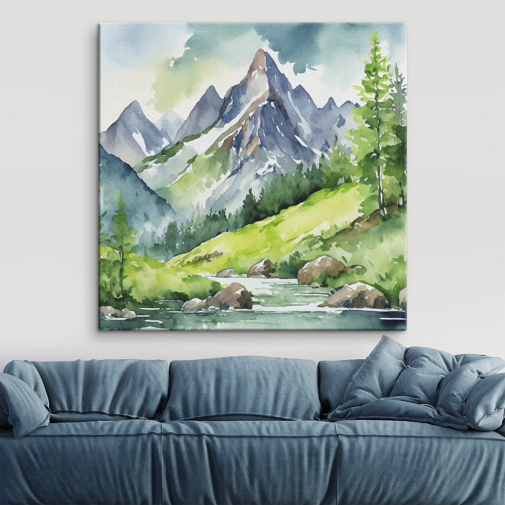 Watercolor of a river running through a mountain valley