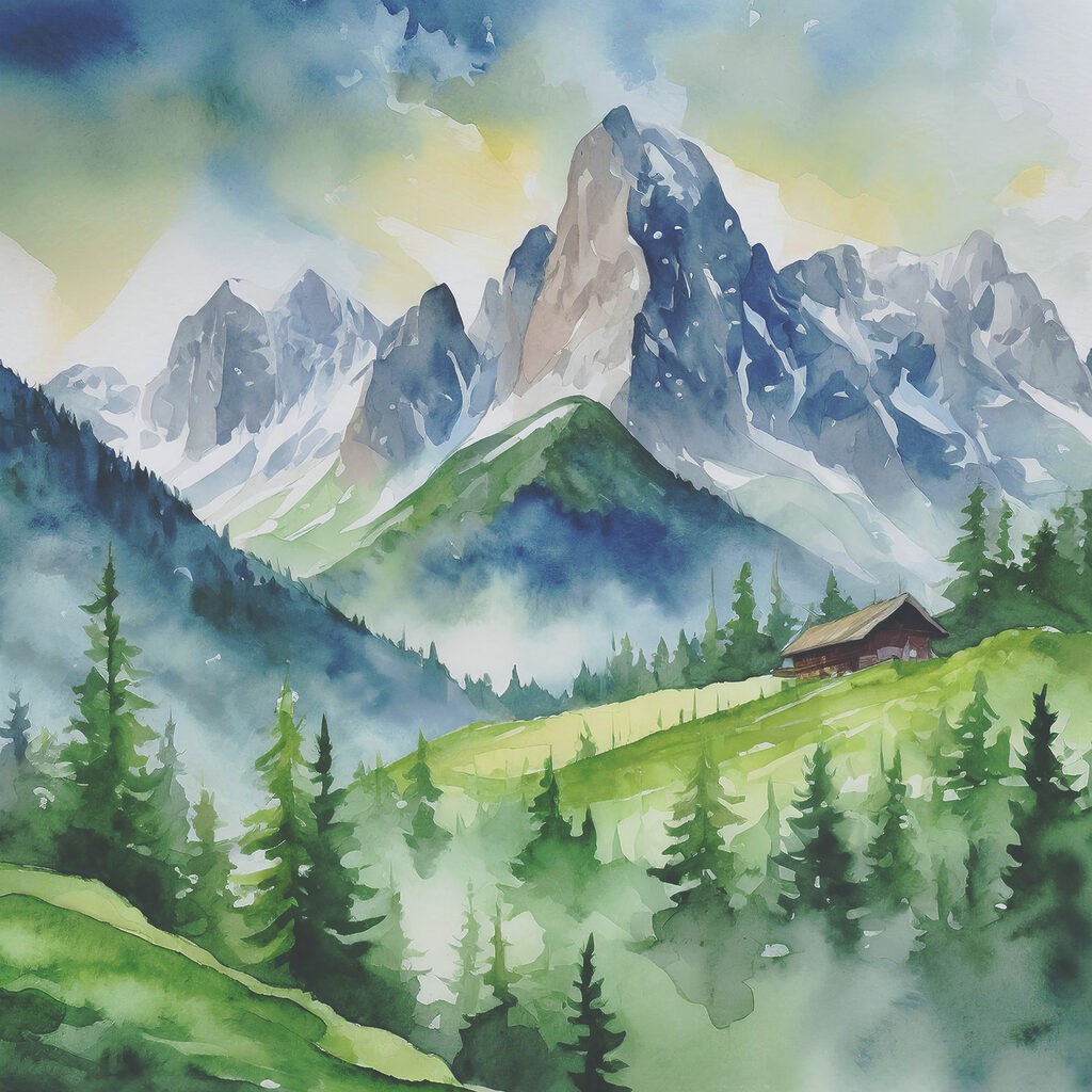 A watercolor painting of a house on a hill with trees and mountains