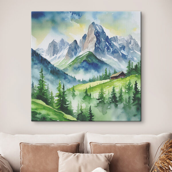 A watercolor painting of a house on a hill with trees and mountains