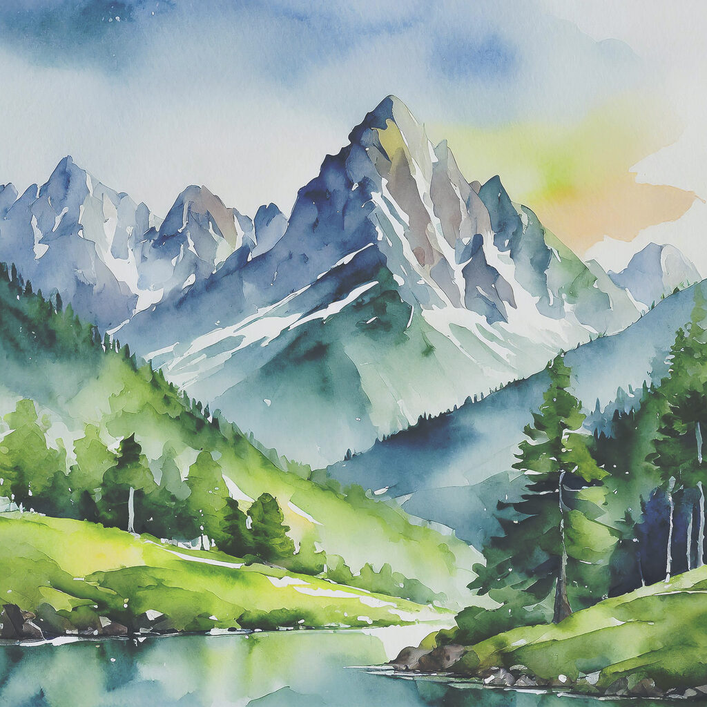 Watercolor of a mountain river and trees