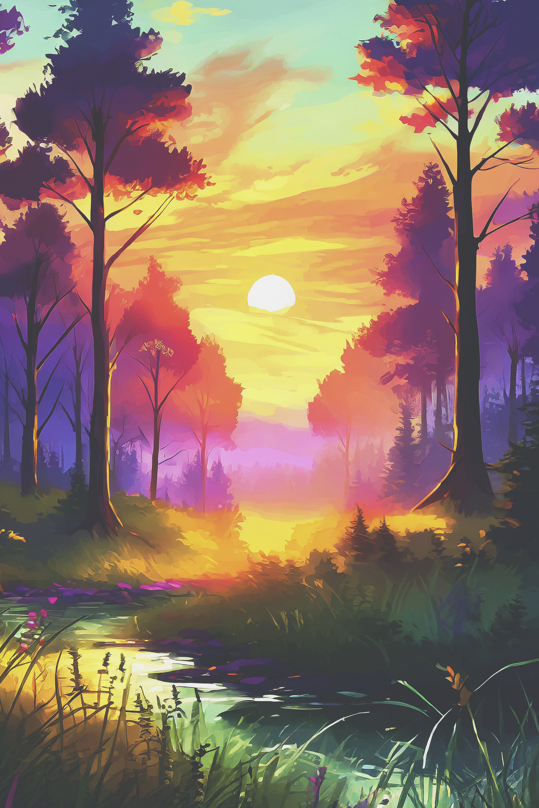 A sunset in a forest