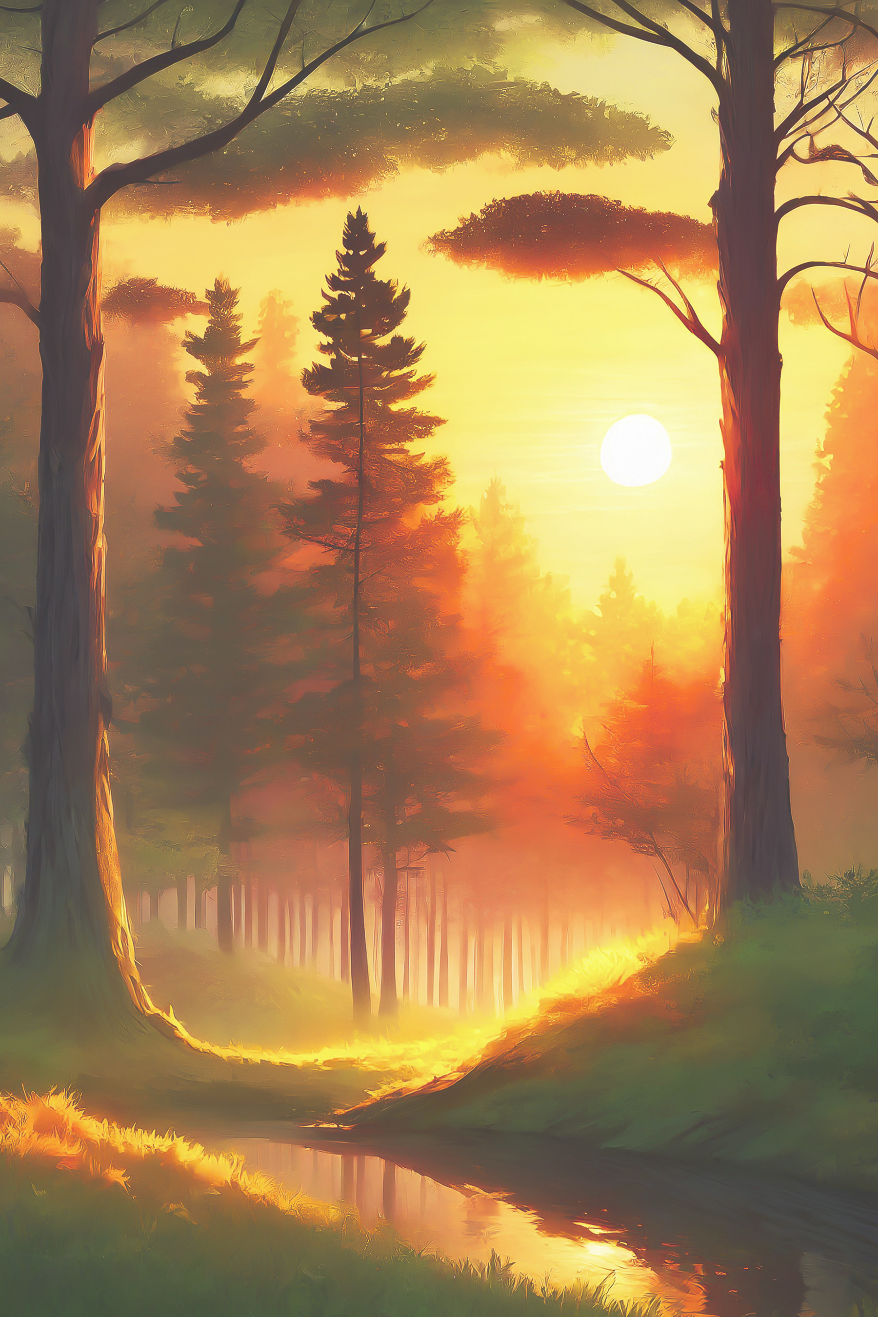 A sun shining through trees