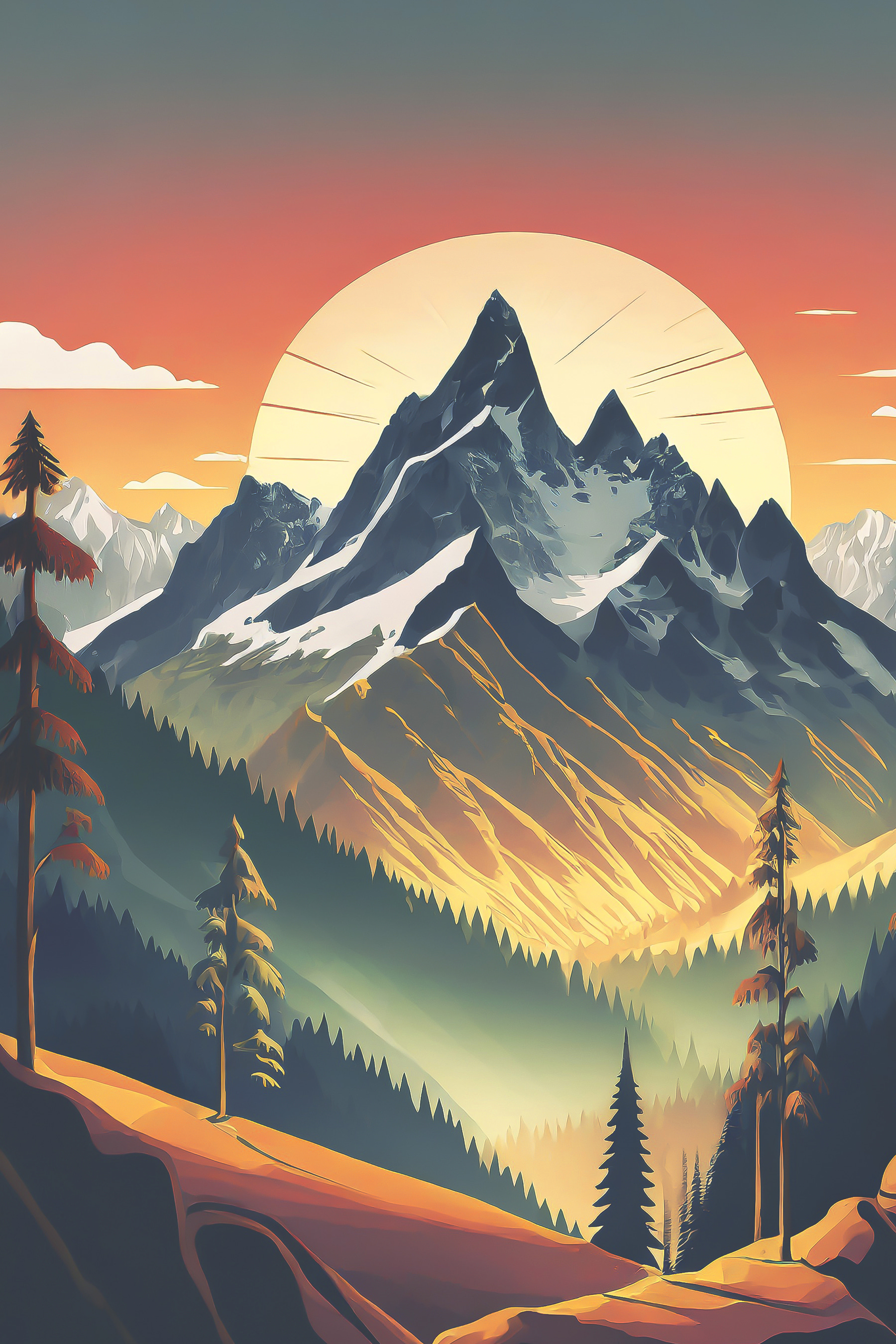 A mountain range with trees and a sunset A mountain range with trees and a sunset